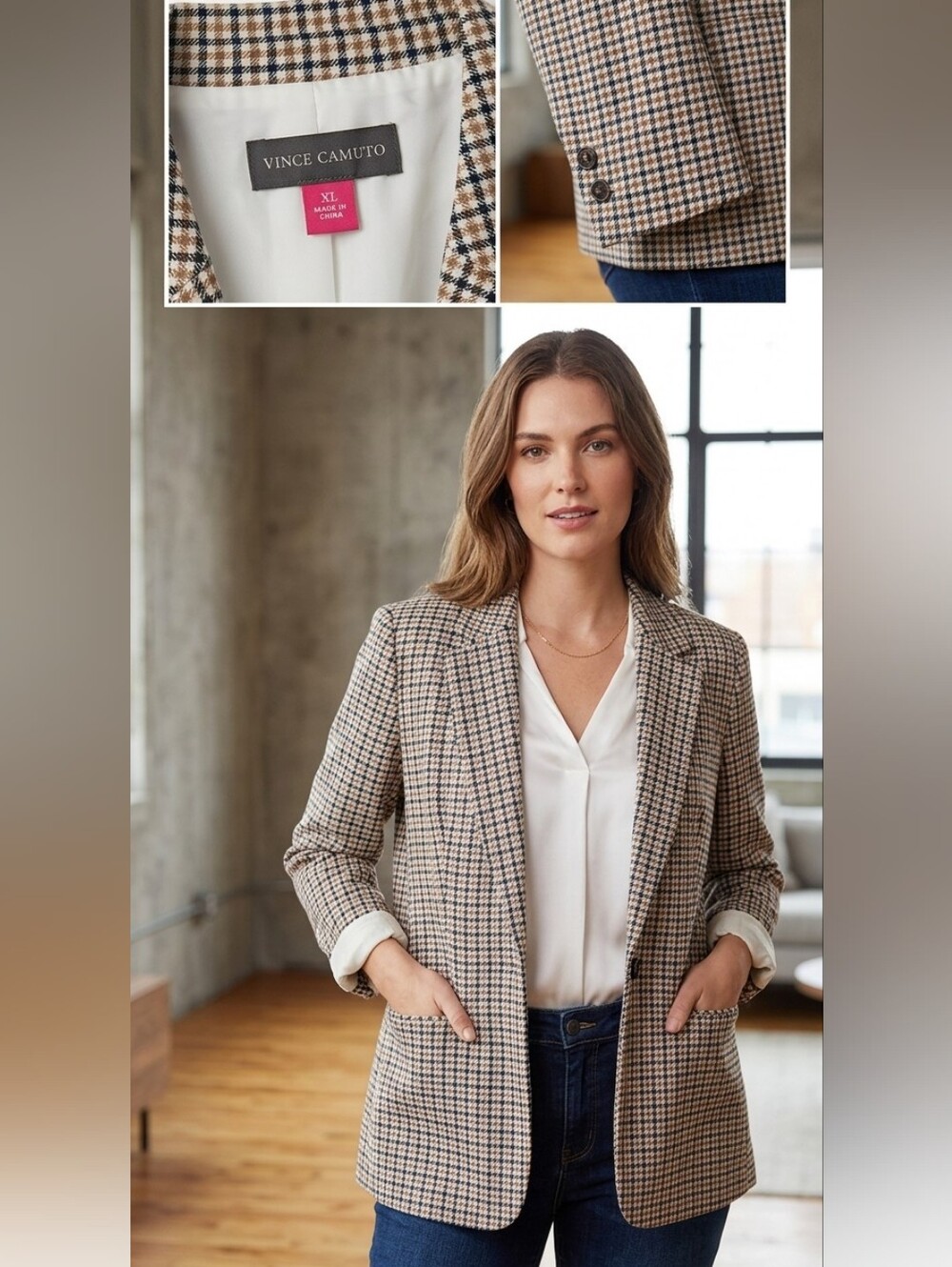 Womens Old Money Checked Single-Button Blazer in Cream and Black - Vince Camuto